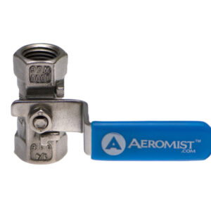 Stainless steel ball valve with blue handle and Aeromist logo, designed for misting system fittings.