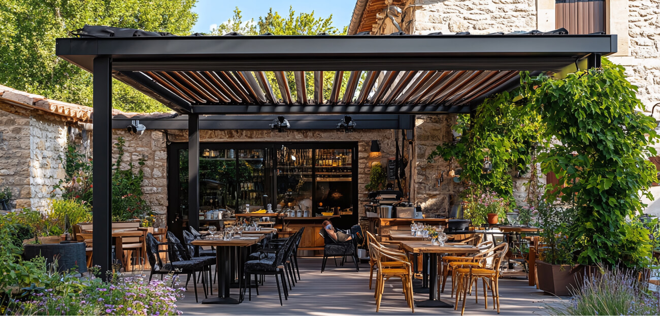 modern outdoor restaurant terrace with wooden pergola lush greenery