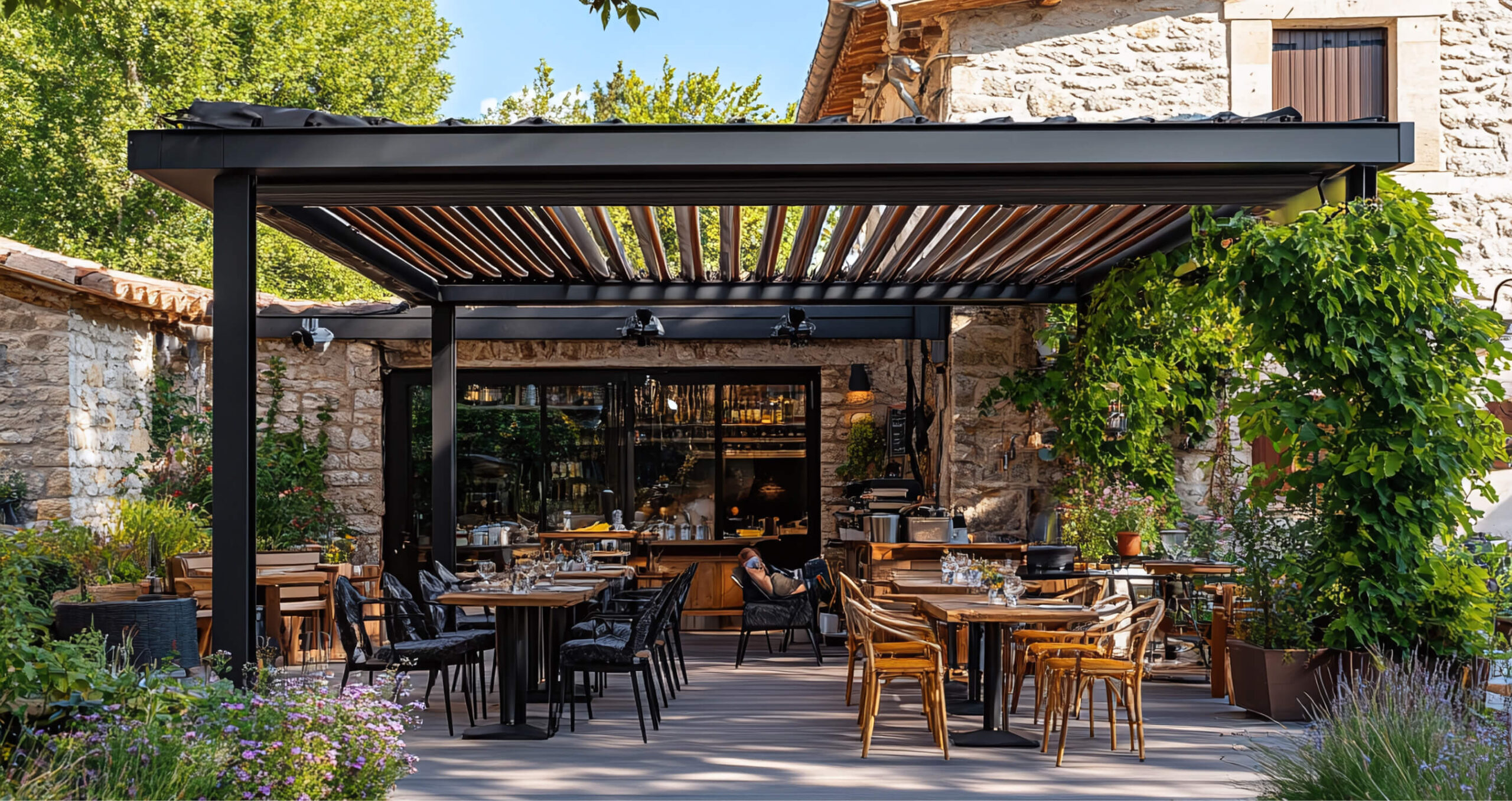 modern outdoor restaurant terrace with wooden pergola lush greenery