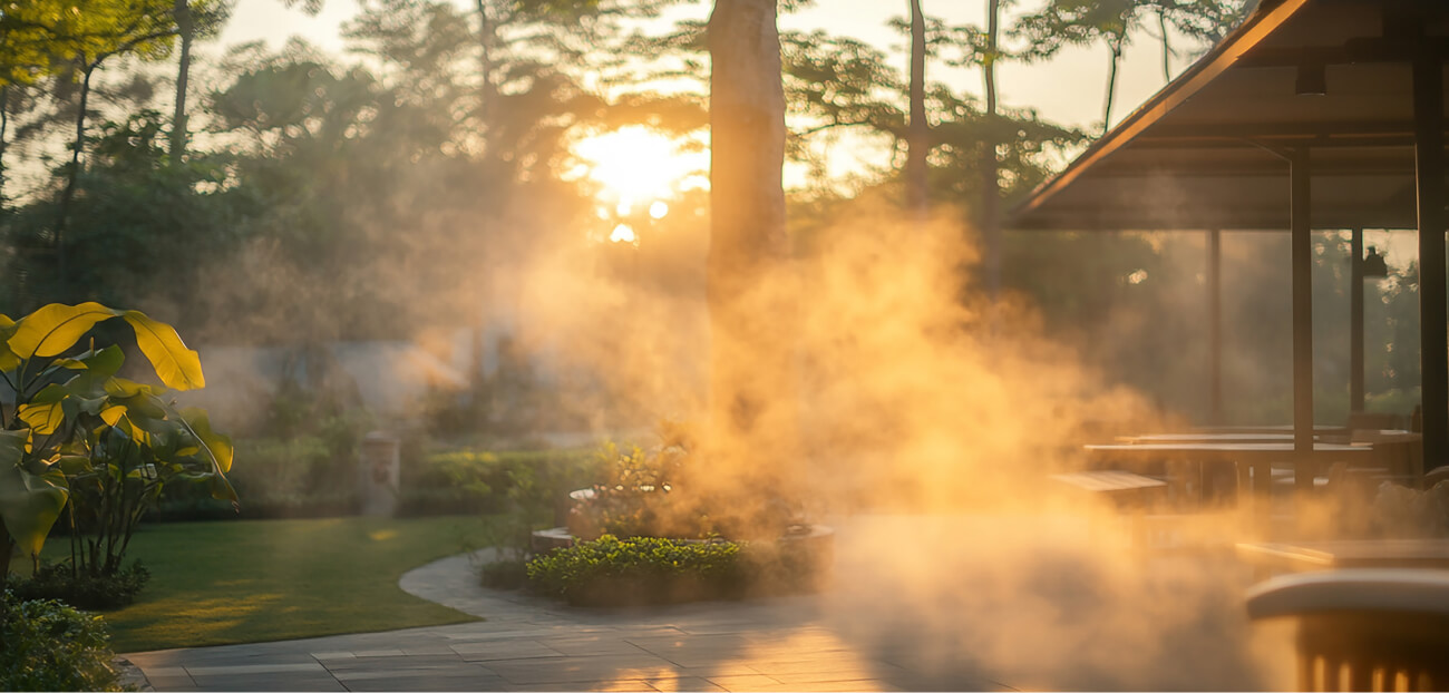 serene garden scene with artificial steam effect